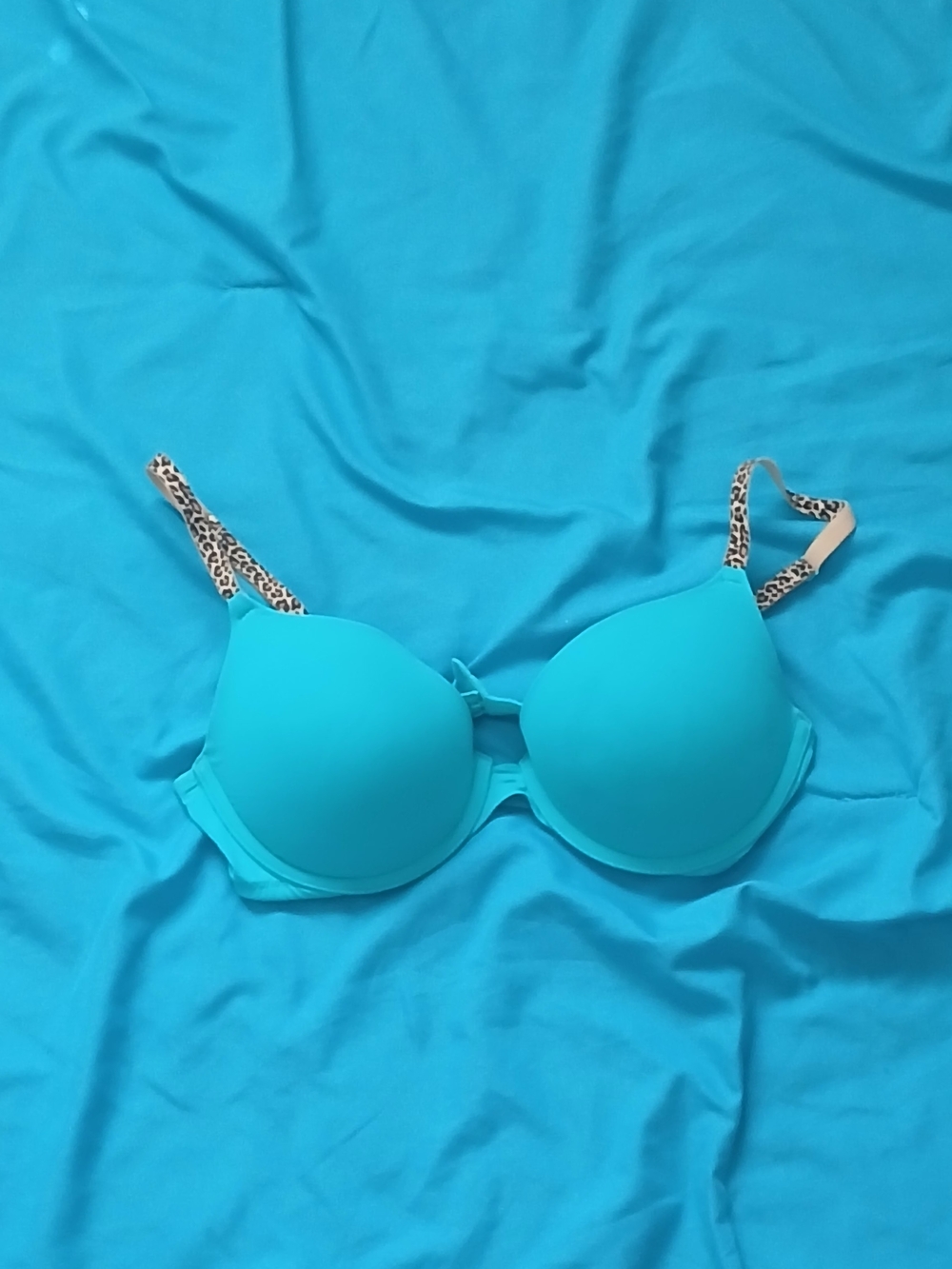 PINK Victoria's Secret Turquoise Bra with Leopard Strap Accent